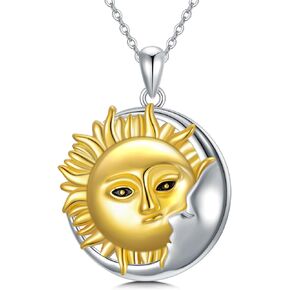 Sun and Moon Necklace S925 Sterling Silver Sun Half Crescent Moon Face Pendant Necklaces Jewelry Charm Birthday Halloween Christmas Gifts for Women Girls