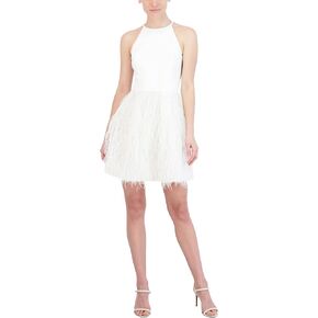 BCBGMAXAZRIA Women's Fit and Flare Short Evening Dress Adjustable Spaghetti Strap High Neck Feather Skirt