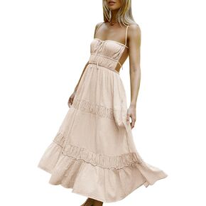 HeSaYep Summer Dress for Women Sexy Backless Dresses Flowy Maxi Dress Boho Dresses with Pockets, Beige XS in Kuwait