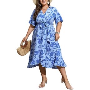 فستان SHESTARR نسائي طويل مقاس كبير صيفي مزين بالورود ورقبة على شكل حرف V وأكمام قصيرة وفتحة عالية ومنخفضة in Kuwait