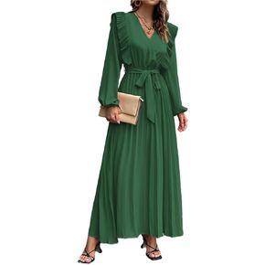 Ekaliy Women's Pleated Maxi Dress Wrap V Neck Long Flowy Chiffon Dress with Belt