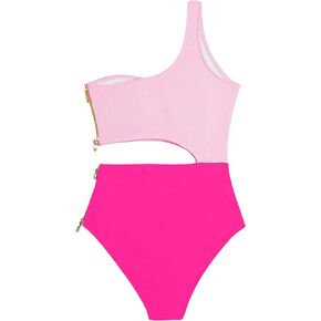 WDIRARA Women's Color Block Cut Out One Shoulder Zip Side One Piece Swimsuit Monokini