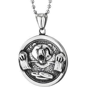 COOLSTEELANDBEYOND Steel Vintage Bear Holding Barbell Dumbbell Circle Medal Necklace with NO PAIN NO GAIN, Two-sided