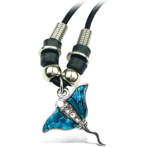 Puzzled Blue & Silver Aqua Manta Ray Necklace, 20 Inch Fashionable & Elegant Wild Style Chain Jewelry with Genuine New Zealand Paua Shell Unisex Fashion Neck Accessory