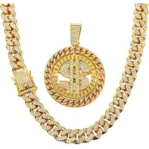Hillban Diamond Cuban Link Gold Chain for Men with Rotatable Dollar Sign Pendant Necklace Hip Hop Rapper Chain Jewelry Gift for Men Women