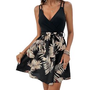 SHENHE Women's Criss Cross Backless Wrap V Neck A Line Belted Flowy Tropical Cami Dress