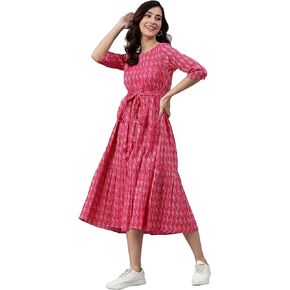 Janasya Women's Day Pink Weave Design Tie-Up Western Dress