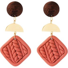 PWUEITR Clay Dangle Earrings Handmade Braided Rattan Earrings Round Square Heart Earrings Vintage Drop Earrings Jewelry Christmas Gift for Women Girls in Kuwait