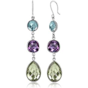 Gem Stone King 925 Sterling Silver Multi Shape Sky Blue Topaz Purple and Green Amethyst Dangle Earrings For Women