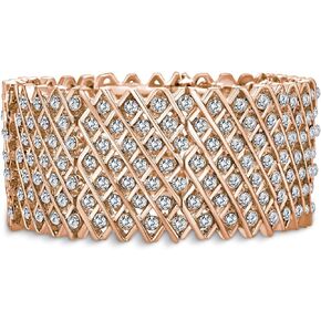 Bling Jewelry Brides Wedding Fashion Wide Pink Rose Gold Plated White Crystal Encrusted Statement Stretch Bracelet For Women Teens Prom Adjustable