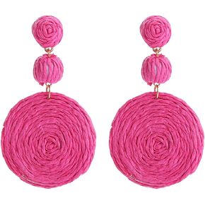 Rattan Earrings for Women Girls Straw Earrings Lightweight Statement Earrings Rattan Drop Dangle Earrings Handmade Straw Wicker Braid Big Earrings for Girls Summer Beach Jewelry