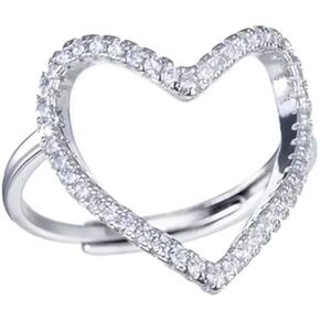 Hollow Heart Ring for Women Girls Rhinestone CZ Statement Ring Engagement Promise Ring Wedding Band Adjustable