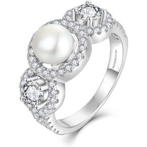 JO WISDOM Pearl Ring,925 Sterling Silver Cubic Zirconia Women's Rings with 7.5mm White Freshwater Cultured Pearl Ring size 5-10