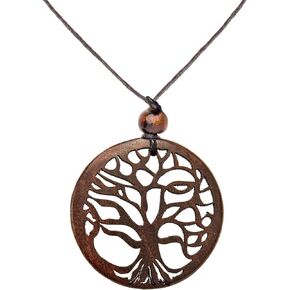 Natural Wood Round Tree of Life Necklace - Laser Cut Out Pendant - Black Choker Cord Handmade Necklaces - Spiritual Ladies Gifts - Celtic Pendant Necklace for Men
