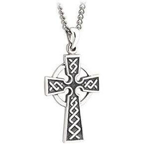 Biddy Murphy 925 Sterling Silver Men's Celtic Cross Necklace, Black Oxidized Patina Detail, Traditional Fine Irish Jewelry, 18" Inch, Made in Ireland