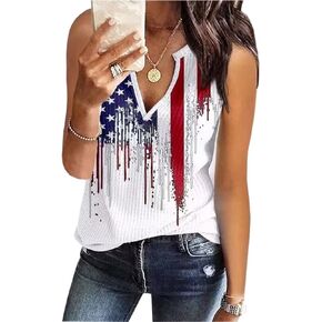 AIMITAG American Flag Waffle Tank Tops Womens 4th of July Sleeveless USA Flag Shirts Patriotic Stars Stripes Print Shirt Vest