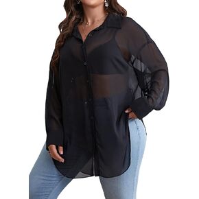 Floerns Women's Plus Size Drop Shoulder Curved Hem Button Down Shirt Blouse Top