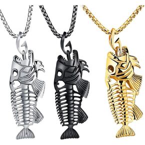 3Pcs Fish Bone Whole Fish Skeleton Stainless Steel Pendant Necklace Gold Black Silver