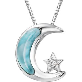 Aloha Jewelry Company Sterling Silver Natural Larimar CZ Star and Moon Necklace Pendant with 18" Box Chain