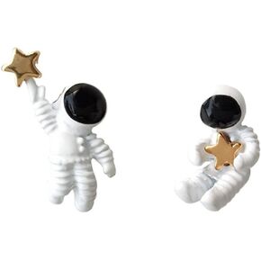 Asymmetric Cartoon 3D Astronaut Planet Crescent Moon Star Stud Earring Cute Creative Pentagram Spaceman Drop Dangle Earring for Women Girl Teen Celestial Jewelry Birthday Gift