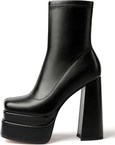 حذاء نسائي أسود من Mettesally بمقدمة مربعة وكعب مكتنز وكعب متوسط ​​الساق وأحذية طويلة ذات نعل سميك وسحاب جانبي in Kuwait