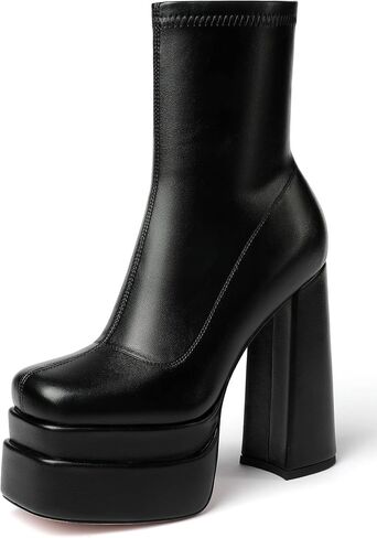 حذاء نسائي أسود من Mettesally بمقدمة مربعة وكعب مكتنز وكعب متوسط ​​الساق وأحذية طويلة ذات نعل سميك وسحاب جانبي in Kuwait