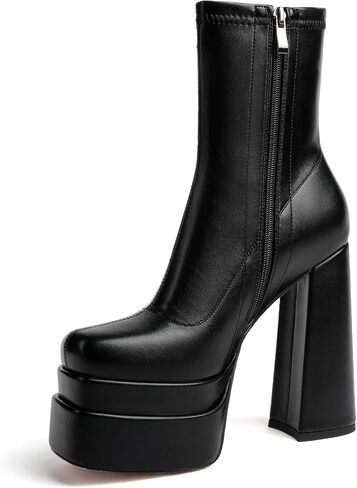 حذاء نسائي أسود من Mettesally بمقدمة مربعة وكعب مكتنز وكعب متوسط ​​الساق وأحذية طويلة ذات نعل سميك وسحاب جانبي in Kuwait