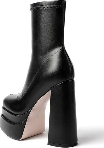 حذاء نسائي أسود من Mettesally بمقدمة مربعة وكعب مكتنز وكعب متوسط ​​الساق وأحذية طويلة ذات نعل سميك وسحاب جانبي in Kuwait