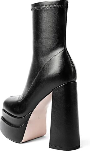 حذاء نسائي أسود من Mettesally بمقدمة مربعة وكعب مكتنز وكعب متوسط ​​الساق وأحذية طويلة ذات نعل سميك وسحاب جانبي in Kuwait