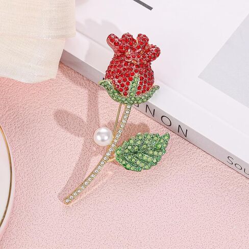 دبوس بروش على شكل وردة، بروش زينة لعيد الحب مصمم للنساء، ثلاثة تطعيمات زركون شفافة باللونين الأحمر والأخضر، مصمم لصديقك وصديقتك وزوجتك ورفيق الروح in Kuwait