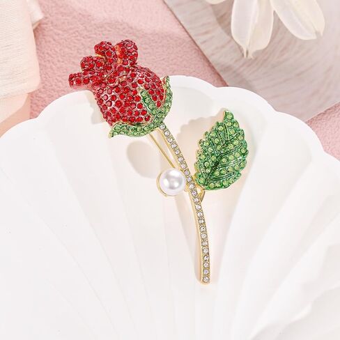دبوس بروش على شكل وردة، بروش زينة لعيد الحب مصمم للنساء، ثلاثة تطعيمات زركون شفافة باللونين الأحمر والأخضر، مصمم لصديقك وصديقتك وزوجتك ورفيق الروح in Kuwait