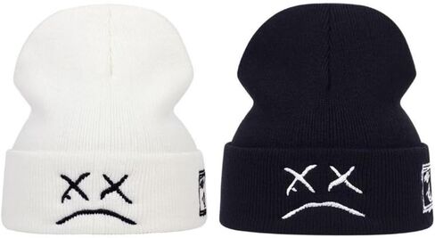 2PCS الأزياء حزينة البكاء الوجه Skullies هود الشتاء الدافئة قبعات الرياضة قبعة صغيرة القبعات الأزواج in Saudi Arabia