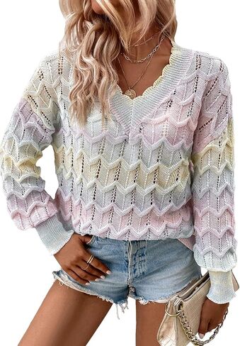 COZYEASE Women's Color Block Long Sleeve Drop Shoulder Pointelle Knit Sweater Pullovers in Saudi Arabia