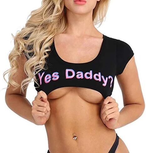 ZTie Women's Short Sleeve Crop Tops Funny Cotton T-Shirts Cami Yes Daddy Bedroom Lingerie Babydoll Cosplay Costume in Saudi Arabia