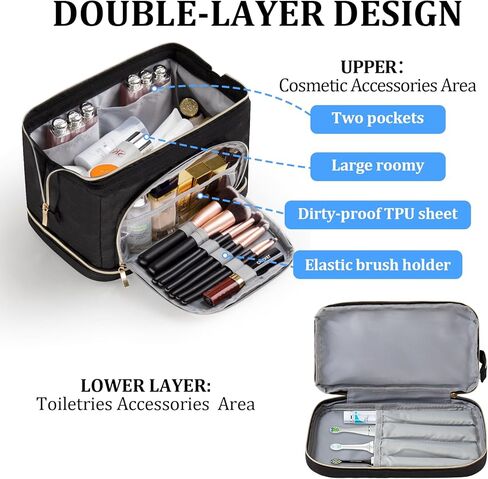 Double Layer Makeup Bag,Large Cosmetic Bag,Wide-open Makeup Travel Bags,Waterproof Nylon Makeup Bag for Women, Portable Toiletry Bag Make up Organizer Case for Summer Travel in Kuwait