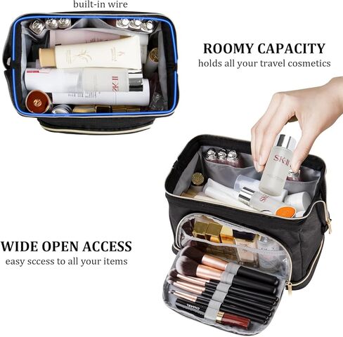 Double Layer Makeup Bag,Large Cosmetic Bag,Wide-open Makeup Travel Bags,Waterproof Nylon Makeup Bag for Women, Portable Toiletry Bag Make up Organizer Case for Summer Travel in Kuwait