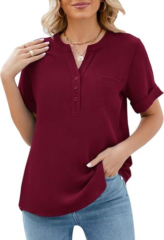 بلوزات LUYAA الصيفية للنساء قمصان أنيقة بياقة على شكل V وأزرار سفلية من الشيفون للعمل والمكتب مع جيب in Kuwait