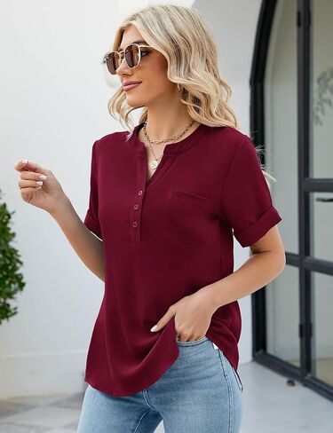 بلوزات LUYAA الصيفية للنساء قمصان أنيقة بياقة على شكل V وأزرار سفلية من الشيفون للعمل والمكتب مع جيب in Kuwait