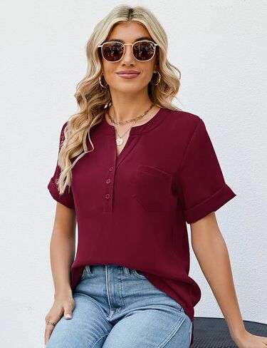 بلوزات LUYAA الصيفية للنساء قمصان أنيقة بياقة على شكل V وأزرار سفلية من الشيفون للعمل والمكتب مع جيب in Kuwait