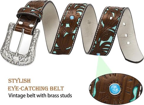حزام فيكودا رعاة البقر الغربي منقوش - أحزمة من جلد البولي يوريثان مع إبزيم فيروزي للنساء والرجال in Kuwait