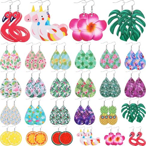 24 Pairs Summer Faux Leather Earrings Hawaii Flower Boho Teardrop Earrings Luau Hula Party Unicorn Flamingo Dangle Earring for Women in Saudi Arabia