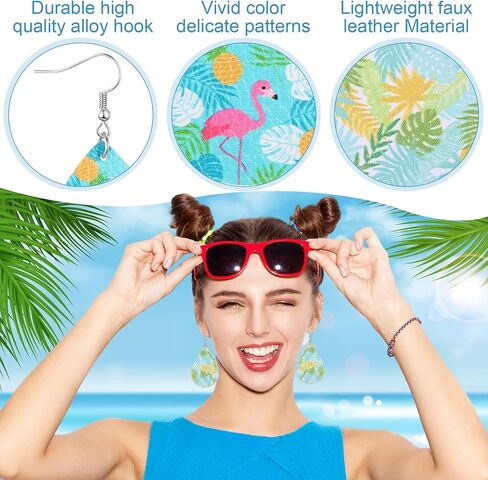 24 Pairs Summer Faux Leather Earrings Hawaii Flower Boho Teardrop Earrings Luau Hula Party Unicorn Flamingo Dangle Earring for Women in Saudi Arabia