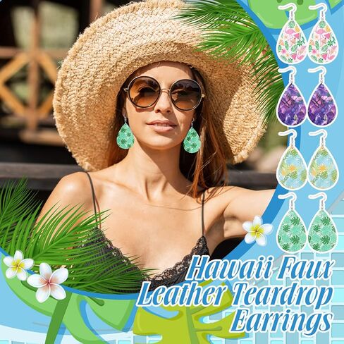 24 Pairs Summer Faux Leather Earrings Hawaii Flower Boho Teardrop Earrings Luau Hula Party Unicorn Flamingo Dangle Earring for Women in Saudi Arabia