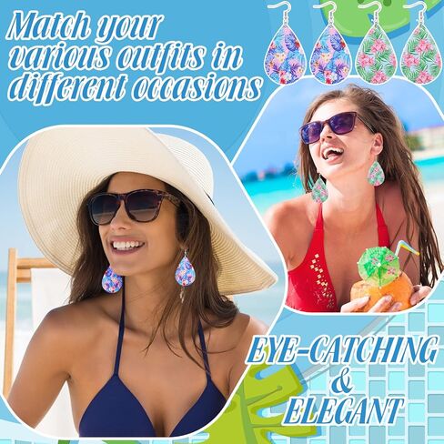 24 Pairs Summer Faux Leather Earrings Hawaii Flower Boho Teardrop Earrings Luau Hula Party Unicorn Flamingo Dangle Earring for Women in Saudi Arabia