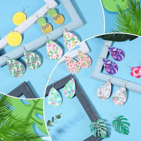 24 Pairs Summer Faux Leather Earrings Hawaii Flower Boho Teardrop Earrings Luau Hula Party Unicorn Flamingo Dangle Earring for Women in Saudi Arabia
