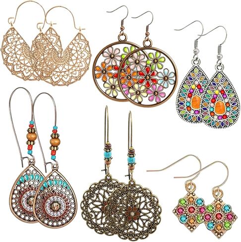 6 Pairs Retro Bohemian Drop Dangle Earrings, Vintage Boho Chic Rhinestone Earring Jewelry Set for Women and Girls in Saudi Arabia