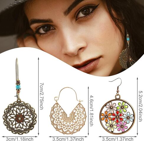 6 Pairs Retro Bohemian Drop Dangle Earrings, Vintage Boho Chic Rhinestone Earring Jewelry Set for Women and Girls in Saudi Arabia