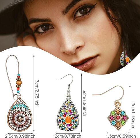 6 Pairs Retro Bohemian Drop Dangle Earrings, Vintage Boho Chic Rhinestone Earring Jewelry Set for Women and Girls in Saudi Arabia