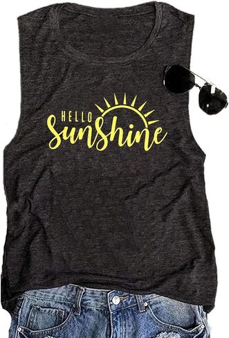 TAOHONG Hello Sunshine تانك القمم المرأة لطيف قمصان بلا أكمام الصيف الشاطئ عطلة سترة المحملة in Kuwait