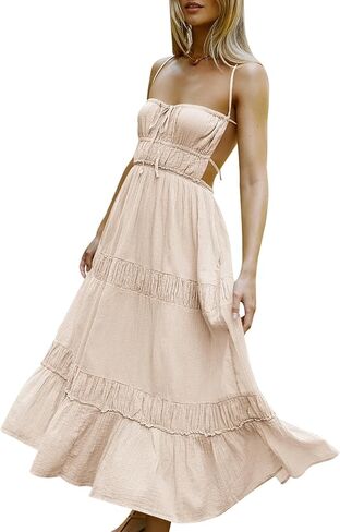 HeSaYep Summer Dress for Women Sexy Backless Dresses Flowy Maxi Dress Boho Dresses with Pockets, Beige XS in Kuwait